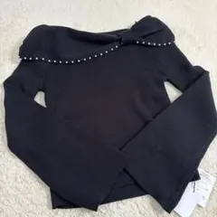 オフショルダーリボン付きニット M ブラック　グレイル