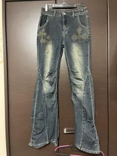 【お値下げ可】ストーン装飾ダークブルーフレアパンツ クロム M