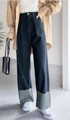 ハイウエスト ワイドパンツ ダークブルー グレー