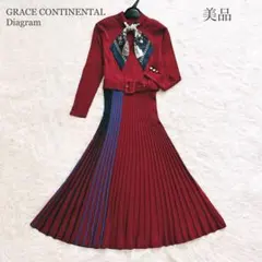 【美品】ダイアグラム　スカーフネック　ニット　ワンピース　プリーツ　ベルト　S