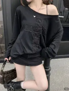 クロス刺繍オフショルダー長袖Tシャツ