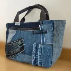 ハンドメイド☆デニムパッチワーク　リメイク　ミニトートバッグ【422】
