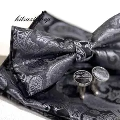 ◆蝶ネクタイ チーフ カフス ボウタイ ブラック 挙式 ペイズリー 黒　Rgs