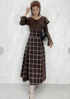 dazzlin ビッグカラーチェックコルセットワンピース ブラウン