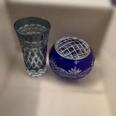 切子 青 青被せ 切子 カットグラス 工芸ガラス 花器 花瓶 フラワー