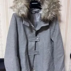 ZARA グレー ダッフルコート ファー付き