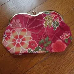 和柄古布調ポーチ　花柄　マチあり　落ち着いた赤色