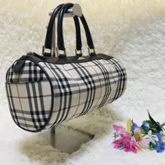 【極美品】バーバリー ハンドバッグ 筒形 ノヴァチェック ロゴプレート