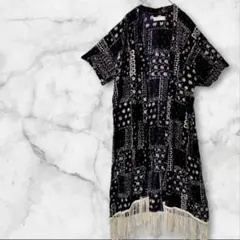 HULLISTAR 花柄 ロングカーディガン 黒 フリンジ ONE SIZE