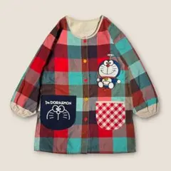 【美品】ドラえもん 裏フリーススモックチェック 割烹着 保育士 エプロン秋冬用M