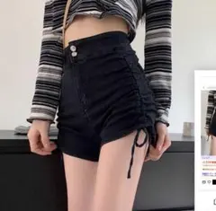 SHEIN ハイウエスト デニムショートパンツ ブラック ドローストリング L