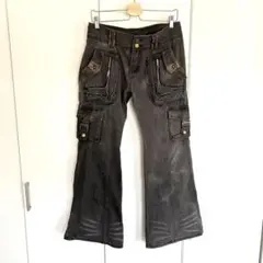 Y2K グランジ フレア カーゴ ギミック デニム ダークグレー