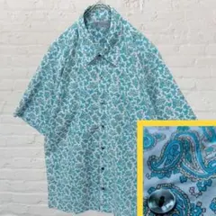 ペイズリー バティック 民族柄 ボックスカット 総柄 半袖 シャツ 薄緑青系