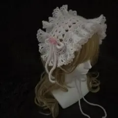ハンドメイド　ピンクモヘア　フリルヘッドドレス　バブーシュカ　ボンネット