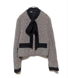 ZARA ザラ リボンディテール テクスチャーブレザー ジャケット ボウタイのサムネイル
