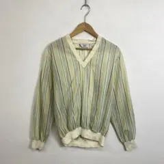 80s RENOWN ナイロン プルオーバー Vネック ストライプ グリーン