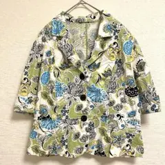 ヴィンテージ ジャケット テーラード 七分袖 総柄 M 緑 綿 お出かけのサムネイル