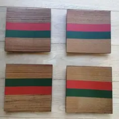 木製 正方形皿 お菓子受け　菓子皿　4枚セット 赤緑ストライプ