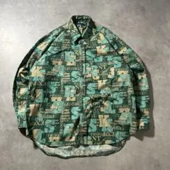 ヴィンテージ グリーン 総柄 幾何学 模様 レトロ デザイン シャツ