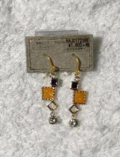 幾何学模様 イエロー・ネイビーピアス スワロフスキー 【新品未使用】