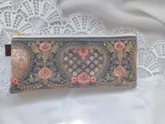 大人可愛い インド刺繍×ヌビ フラットポーチ ハンドメイド（A440）