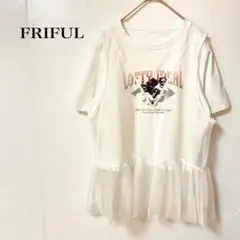 フリフル　 Tシャツ　ロックテイスト　XL 白　プリント　透け感　チュール素材