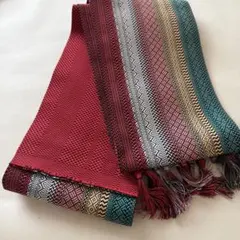 本場筑前博多織 半幅帯 献上柄 赤 縞 ストライプ 360cm×15.5cm