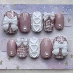 ネイルチップ　在庫処分　現品　量産型　ツイード　ピンク　白　くすみ　リボン　推し