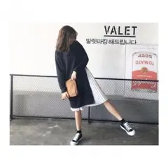 ロングトレーナーワンピ 無地 長スリット ブラック Fサイズ ２点セット