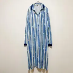 フランス製 ヴィンテージ ワンピース ストライプ ブルー 長袖 M〜L相当