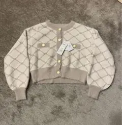 ダイヤモンド柄 バルーンスリーブ ニットカーディガン2点セット