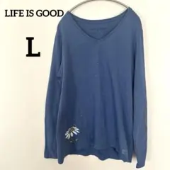 LIFE IS GOOD 長袖Tシャツ L 花柄プリント　Ｖネック　青