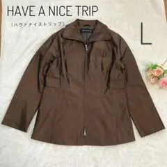 美品 ハヴァナイストリップ 光沢ジップアップジャケット L ブラウン 洗えるのサムネイル