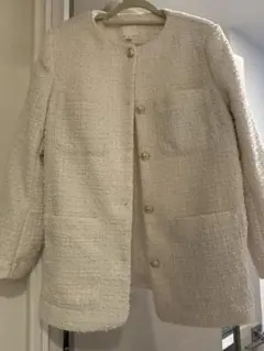 ホワイト ツイード ノーカラージャケット