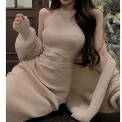 ニットワンピース ウエストベルト