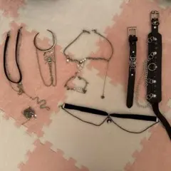 シルバー クロミ　黒レザーチョーカー ブレスレット　8点セット