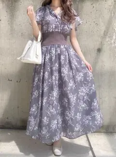 GRL花柄Vネックリブウエストフレアワンピース