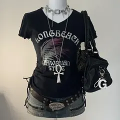 ❤︎00s グランジ 平成ギャル ダークコア シャーリングデザインプリントTシャツ