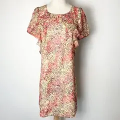 美品 クイーンズコート シフォン 半袖 花柄ワンピース 2/M オレンジ ピンク