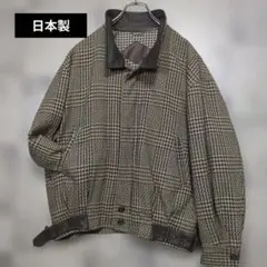 日本製 ツイードチェック柄 ウールレザージャケット L
