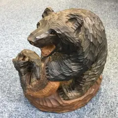 【木彫り　親子熊置物】
