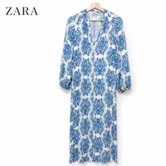 極美品◆着用2回 ZARA プリント柄ミディ丈ワンピース ダマスク柄 ブルー S