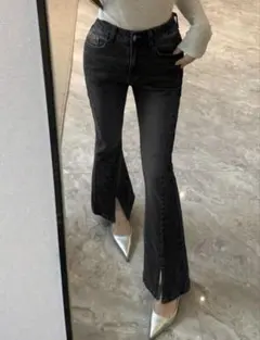 SHEIN Dazy シーインフレアデニムパンツ　スプリット　L ダークグレー