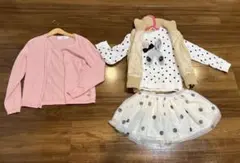 ピンクニットカーデ、ドットチュールスカート、長袖カットソー、ベスト　4点セット