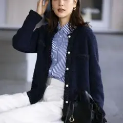 【美品】組曲 ツイードニットジャケット カーディガン ネイビー