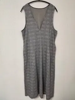 【最終価格】Vネック ワンピース グレー系チェック柄 M