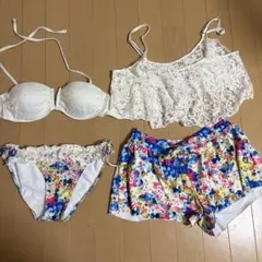 水着 4点セット ホワイト レース 花柄 Lサイズ