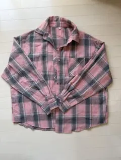 ピンクグレー チェック柄 長袖シャツ