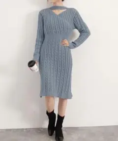ニットワンピース ブルー 前後2way スリット付き フリーサイズ