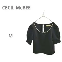 【セシルマクビー】パフスリーブショート丈カットソー ふくれジャガード 黒 M